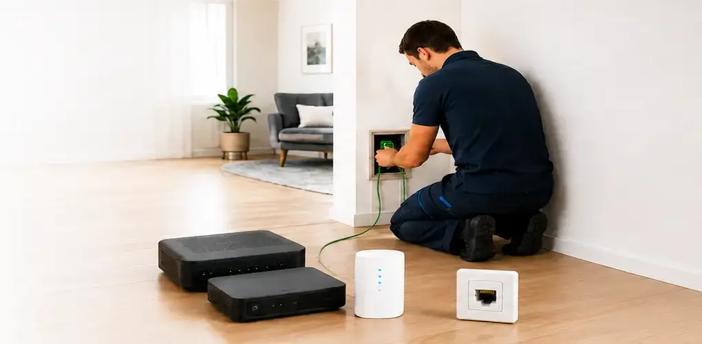 Technicien intervenant sur une installation Internet et Wi-Fi à domicile