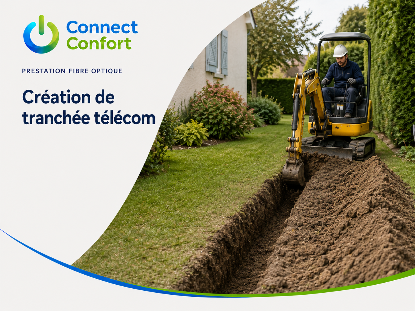 Création de tranchée télécom Texte alternatif : Technicien creusant une tranchée télécom avec une mini-pelle dans un jardin.