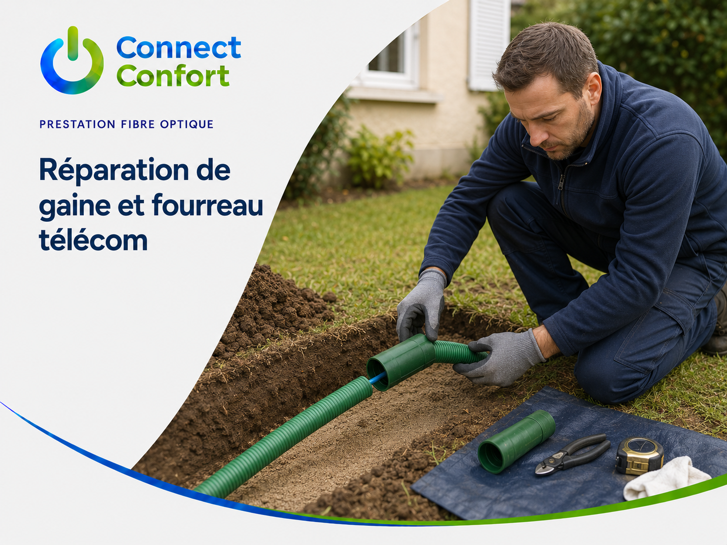 Technicien réparant un fourreau télécom enterré à l’aide d’un manchon de raccordement.